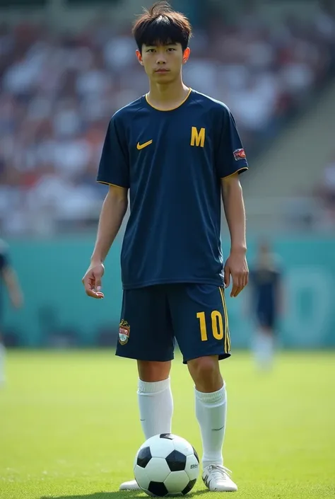 Japanese male, 20 years old, dark blue soccer jersey with sleeves rolled up to the shoulders,Written with the letter (M) in yellow on the left chest,Dark blue soccer pants with the number (10) written in yellow,Black 3/4 tight sports trousers,White soccer ...