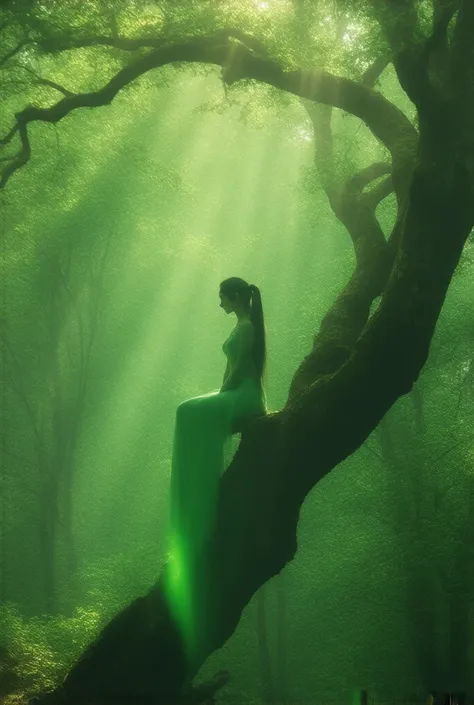  forest elf , long hair and a ponytail ,  on a tree branch , Forest frondos ,  lights through the forest of magic 