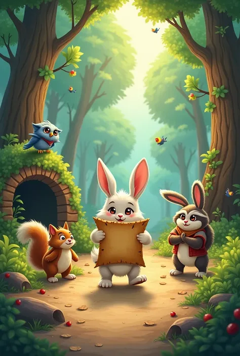 
3. **Prompt:** A playful rabbit finds an abandoned treasure map and leads its animal friends on an adventurous journey through the forest.