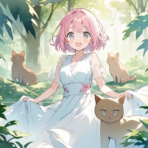  beautiful young girl ,  pink hair,  short hair,  Grey Eyes , White long dress、goddess、 brown cat and pink ribbon floating in a forest spring, 森の泉に浮かんでいる、 floating in the forest springs with their hands spread wide、 High Quality ,  pixiv illustration ,  Ja...