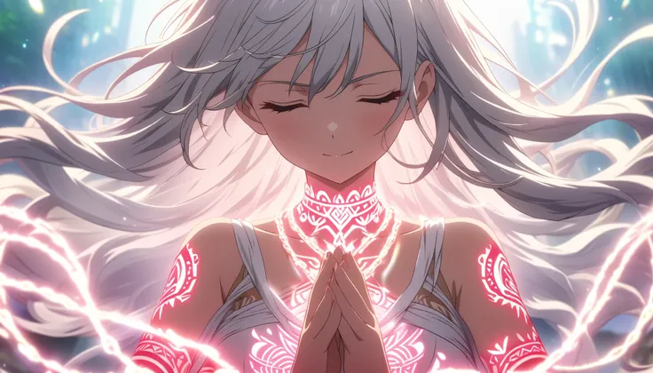 masterpiece,  top quality ,  High Definition CG Unity 8K Wallpaper ,  anime screenshot,  female anime character with a thick silver neon chain wrapped around her body from her neck. Shining red and white neon tribal pattern tattoo and 、 female anime charac...