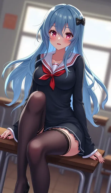 1girl,  Light blue hair flowing in the wind , dark blue,  Sitting in Classroom ,  Legs raised high with legs positioned on the desk for a super sexy leg pose,  Hands caress your cheeks , seductive expression,  Clear sexy red lips , Super clear pink gold ey...