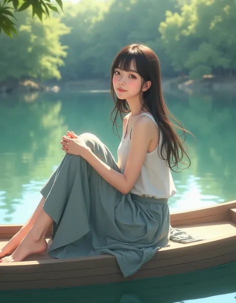 (( realistic lighting ,  top quality , 8k,  Masterpiece  : 1.3)),  clear focus: 1.2, sleeveless shirt、 Long Skirt、 Slender、smile、Korean woman with long hair 20 years old、Im on a boat at Shinobazu Pond、knees up,hugging own legs