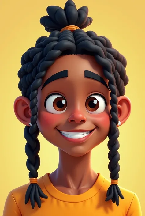  Create the image of a 20-year-old man, brown-eyed black ,  hair with long braids tied astras(dredlox), friendly face in cartoon style 2D 