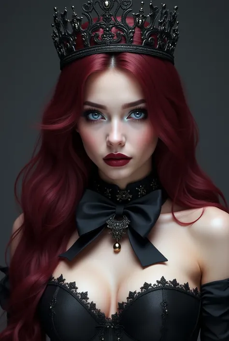  A woman with burgundy hair and a gothic vampire tiara, with blue eyes and she wears a big bow as a bra and a bow around her neck with a small bell