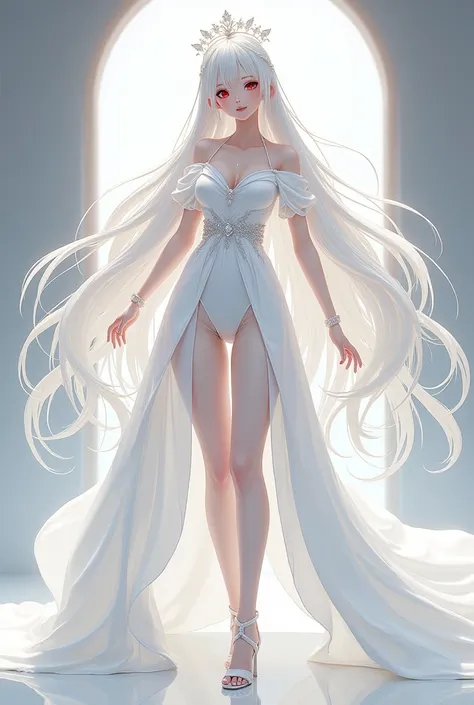 white hair is very very very very long, red eyes, pale skin, off shoulder white gown, white heels, white tiara, anime girl
gorgeous and beautiful