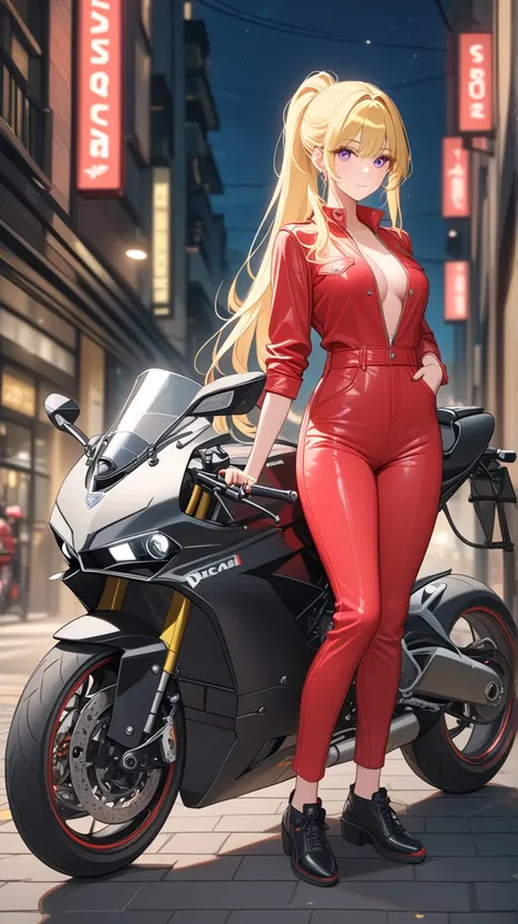 (One woman) Beautiful woman, (tall) (long yellow hair, high ponytail) pink eyes, wearing a red leather jumpsuit, (next to a motorcycle) ducati  motocycle, in the city (on the street at night) (artistic painting) High resolution, correct anatomy, best quali...