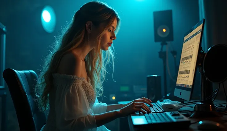 A beautiful female singer in a studio, singing and composing music with the aid of AI, long flowing hair, elegant dress, serene expression, dramatic lighting, cinematic atmosphere, low key color palette, diffused glow, dramatic shadows, highly detailed, aw...