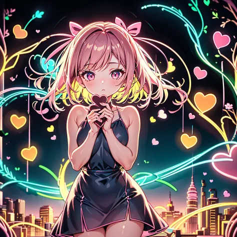 1girl,Chibi、 best detail、cute、 Neon Color Gradation Hair Color、 pink and brown dress 、 Heart Chocolate、Valentine、 fantasy 、 absurd、 neon lights enhance cuteness、世界一cute絵、Valentineday、 cowboy shot、Big pink ribbon at the corner of campus、Box of chocolates 、 ...