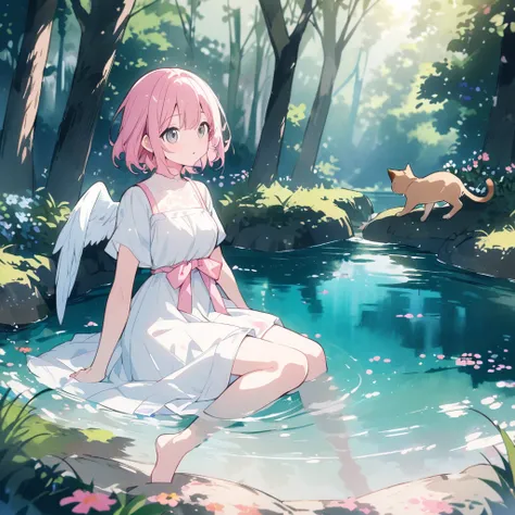 spring、barefoot、 beautiful young girl ,  pink hair,  short hair,  Grey Eyes ,  White Dress 、Angel Wings、goddess、 brown cat and pink ribbon floating in a forest spring, 森のspringに浮かんでいる、 floating in the forest springs spreading their hands left and right、 Hi...