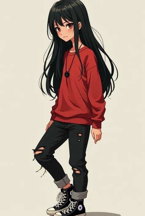  A slender teenager with long straight jet-black hair,  her eyes brown brown , long eyelashes ,  has a mark on her hand of wings , She has a necklace of a bird ,  if the dress is black pants with some rips ,  red quadrille shirt ,  Converse sneakers 