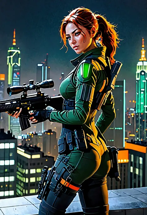 ( top quality ),(masterpiece},{8k),( realistic:1.2), Future City,(Building rooftop:1.5),(Sniper:1.3), assault rifle that is partially torn,woman, look good ,(Black combat uniform),( Skyscrapers that glow orange or green),(night),(黒いnight空)
