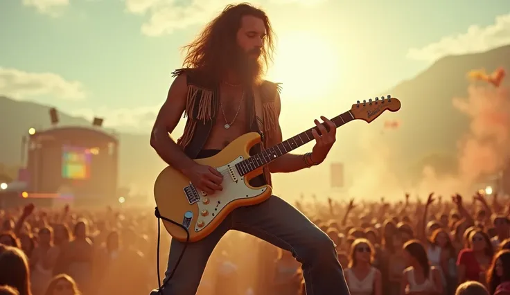 a classic rock guitarist wide shot | 70s woodstock | MTV videoclip | full body | old school summer festival shot