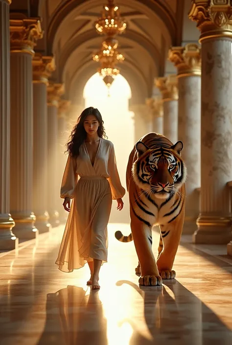 A woman walks with a tiger in a palace