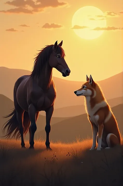 A single horse ,  next to a single wolf.