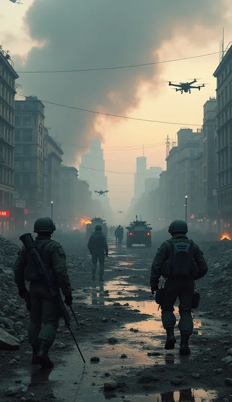 "Russias military in 2050, operating in a war-torn, apocalyptic landscape. The terrain is devastated, with ruined cities, burnt-out vehicles, and craters from constant bombardment. The sky is dark and heavy with smoke, casting an oppressive atmosphere over...