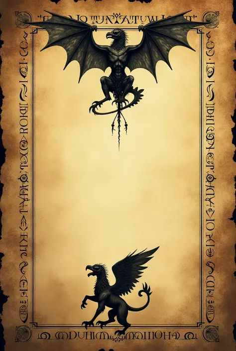 a background image for a griffin cover and gargoyles .  The background image must be an old yellowed papyrus with ancient rustic inscriptions on it.  At the top of the papyrus there must be the symbol of a gargoyle, at the bottom of the papyrus a symbol of...