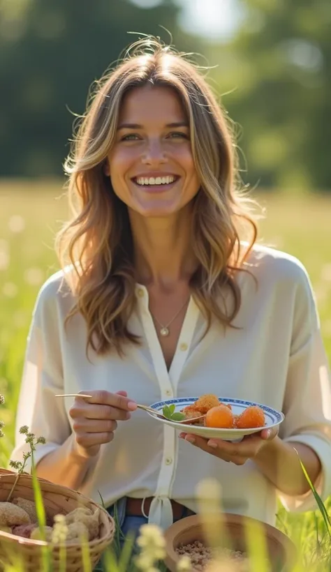 A 35-year-old woman enjoying a picnic in a sunny meadow, wearing a modest blouse.