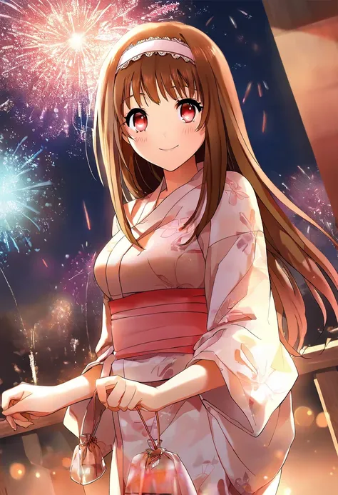 masterpiece,best quality,very aesthetic,highres, Yuuki Mizuho, kakyuusei, 1girl, solo, long hair, brown hair, red eyes, medium breasts, hairband, smile, blush, Japanese Yukata, firework, cinematic angle,