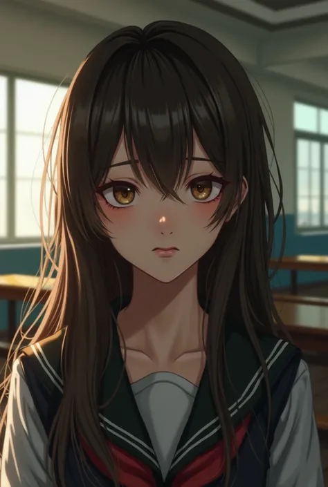  brown hair clenched, Thin eyebrows, Snake-like eyes ,  cloudy olive-colored eyes, Long hair, Like a fox , schoolgirl,  Inside School , morning, Thin eyes