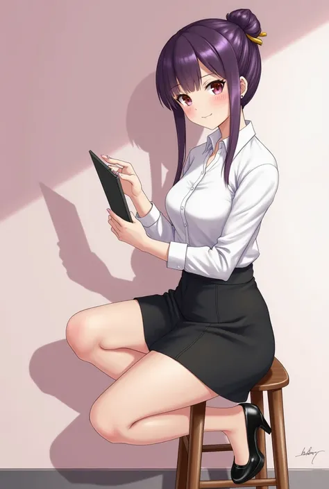 
Resolusi HDR 
The image shows a young woman with purple hair, wearing a white shirt and a black skirt, and black heels.
Her hair is styled in a bun with a gold accent.
She is holding a tablet in her hand, and her eyes are looking directly at the camera.
S...