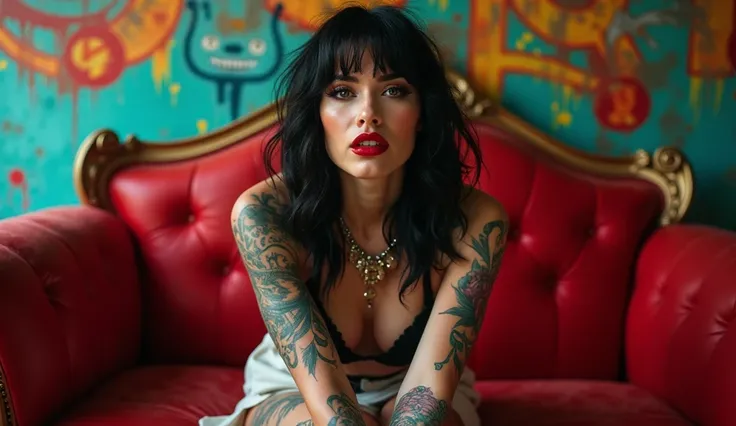 A stunning tattooed woman with dark hair sitting over a vintage red couch in the street | bold makeup with dark red lips | elegant jewelry | retro urban background with vibrant graffiti | cinematic and highly detailed photography