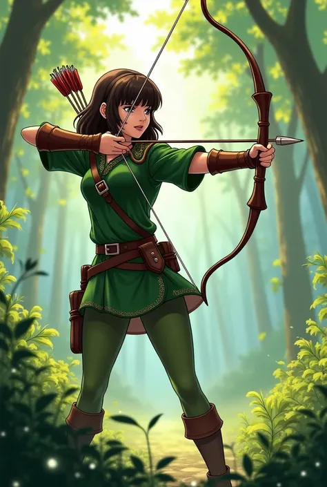 draw a robin hood in anime style to aim somewhere from the bow