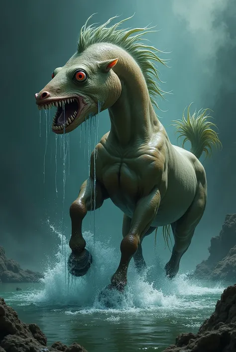  A fantastic creature emerging from a mysterious body of water  . This creature has a quadruped muscular horse-like body with powerful legs and a tail.,  but its head is that of a ferocious fish with sharp teeth and bright red eyes  . The scene is dramatic...