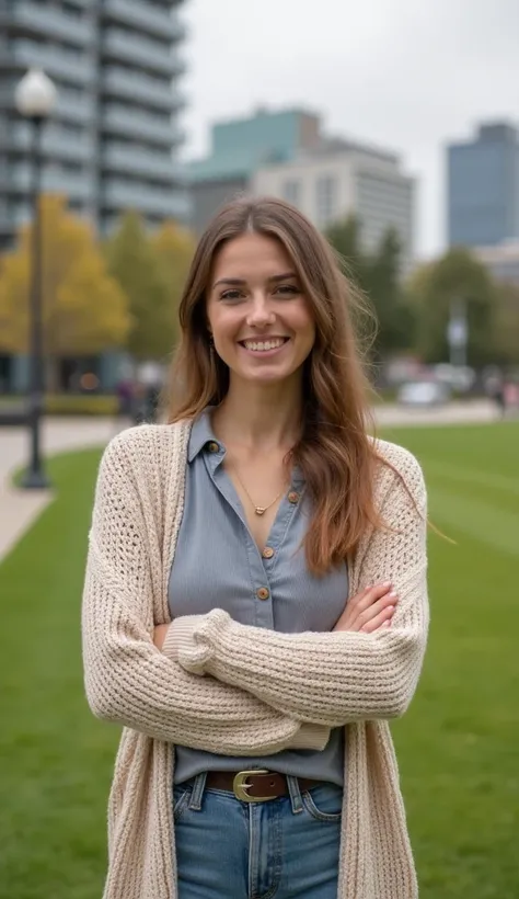 A 36-year-old woman posing in a modern urban park, dressed in a knitted cardigan.