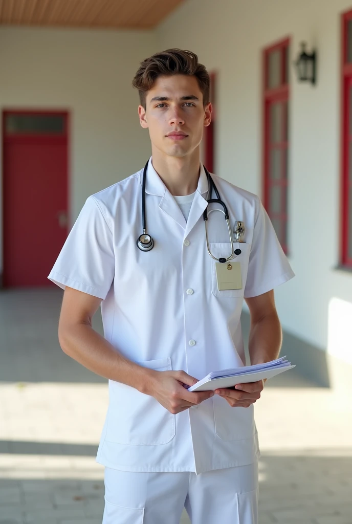 " A young adult wearing a white health uniform , with stethoscope around his neck, badge on his chest and holding documents in his hands .  The setting is outdoor ,  in front of a light-colored building with red details. The environment is sunny, with soft...