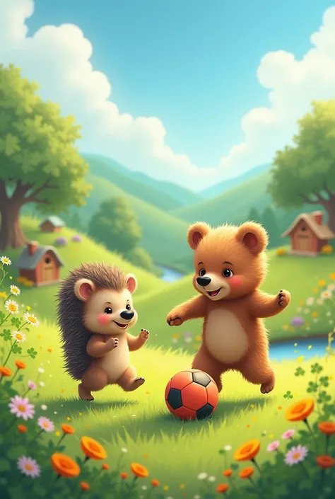 Baby bear and hedgehog play football together