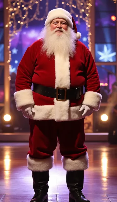 Imagine Santa Claus standing proudly at the center of the Got Talent stage, exuding warmth and holiday cheer. He is dressed in his iconic red velvet suit with white fur trim, black leather boots, and a thick black belt. His rosy cheeks, twinkling eyes, and...