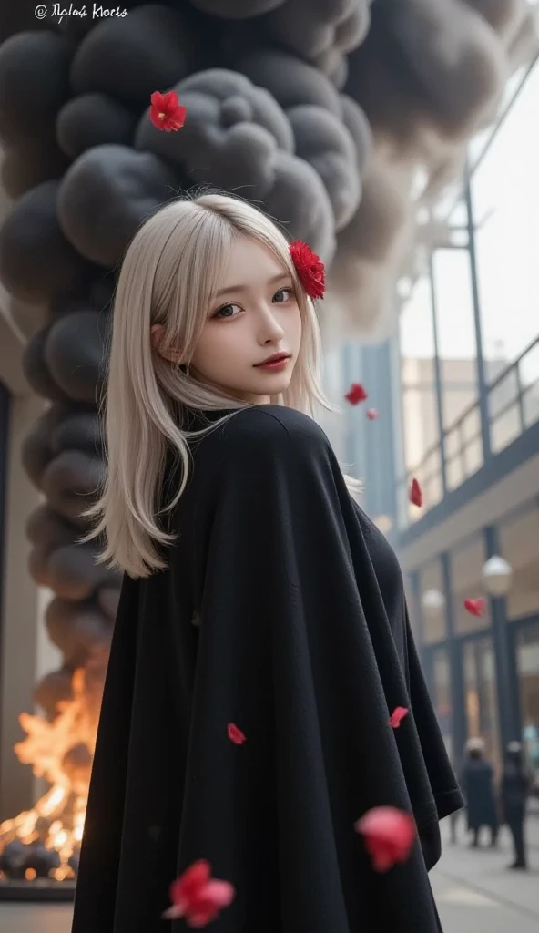  1 girl,Alone, 1 girl,Alone,(( beautiful detailed eyes)), (Detailed light), is written by,(White Hair),Silver Eyes,Hair on one eye,(Red Flower ),   hair flower , long hair, black cloaks, wet, has no feelings, look back ,  knight ,Starfall, amid the explosi...