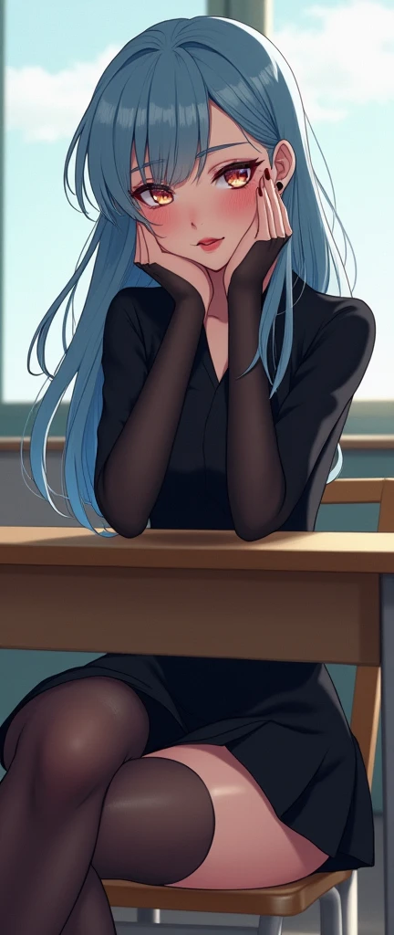 1girl, Mature,  Light blue hair flowing in the wind , dark blue,  Sitting in Classroom , Face the camera with your legs raised and your calves placed on the desk in a super sexy leg pose,  Hands caress your cheeks , seductive expression,  Clear sexy red li...