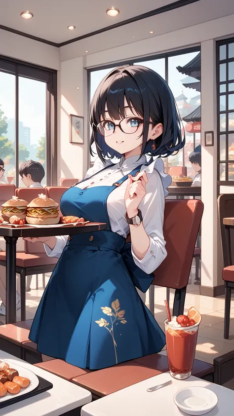 Black hair, glasses, Chinese restaurant, lots of food on the table