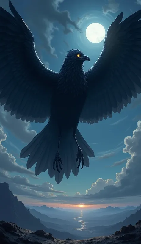 A dark, cinematic scene featuring Yatagarasu, the mythical three-legged crow from Japanese folklore. The creature looms in the sky, its glossy black feathers reflecting faint moonlight. Each of its three legs is extended with an otherworldly aura, symboliz...