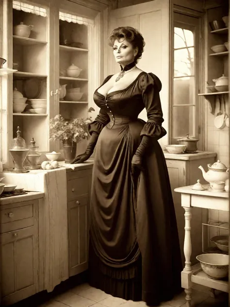 Full body shot of Sophia Loren as a pretty voluptuous buxom plump mature  Victorian widow standing in the kitchen, updo hairstyle, hourglass shaped figure, old vintage sepia toned photography, vignette, scratches 