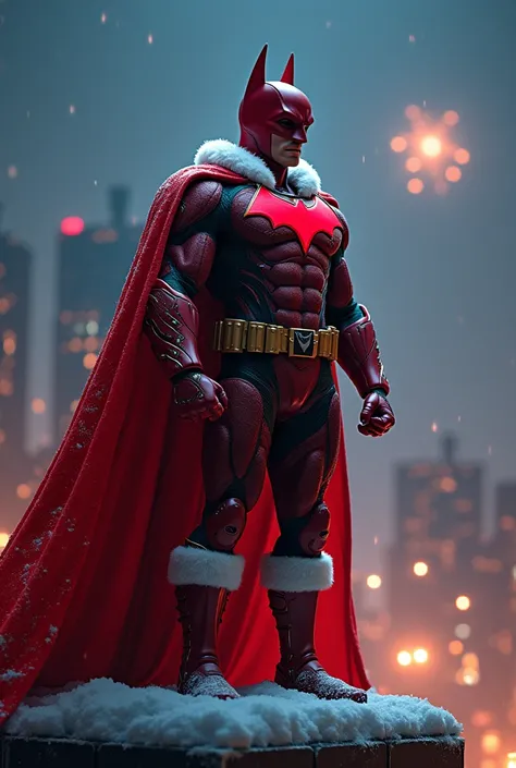 A heroic figure resembling santa clause Batman dressed in a festive red Christmas costume. The outfit features a red cape, a suit with subtle snowflake patterns, and a Santa-inspired utility belt. He stands on a snowy rooftop overlooking a brightly lit cit...