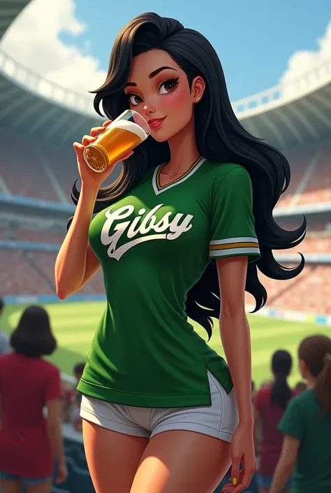 Sexy Disney girl wearing green sports shirt with name printed Giibsy with long black hair in the stadium drinking beer 