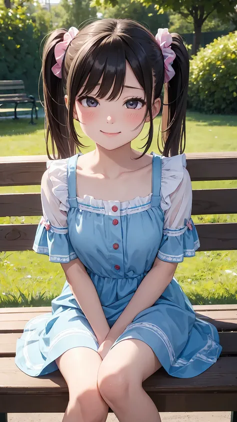 (8K、Highest image quality、best quality、masterpiece)、Detailed face、、、(smile, grin:0.4)、(summerdress)、blush、scrunchie、twintails,sitting on bench, park