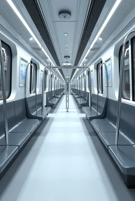 
A horizontal side view of the interior of a modern train carriage, as if taken from the side wall being removed, showing the entire length of the train. The design features no seats, only straphangers evenly distributed from the ceiling. The open floor sp...