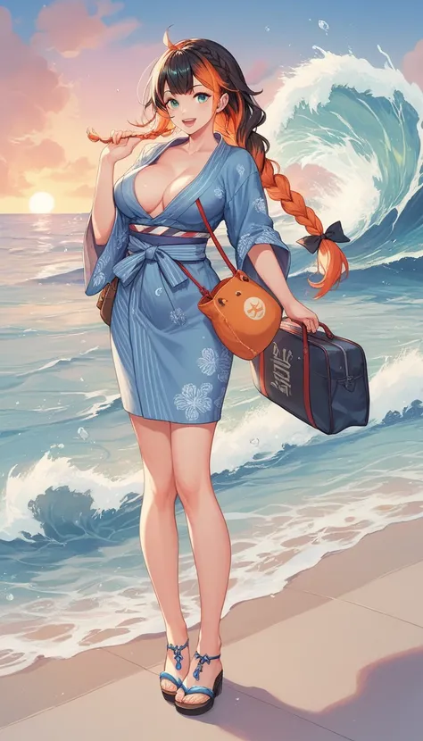 1girl, 20s, solo, full body, looking at viewer, multi-colored hair, orange hair, red hair, middle hair, single braid, happy, aqua eyes, large breasts, Blue and white japanese yukata, black hair ribbon, drawstring bag, Wave, sunset street