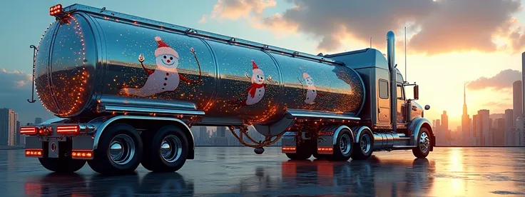 A super-large, chrome-plated tanker truck with a cute, festive Christmas illustration on the side, effective effects, bold and dynamic, contrasts of light and shadow, 2.5D, artistic photography, hyper realistic, ultra detailed, absolutely resolution, maste...