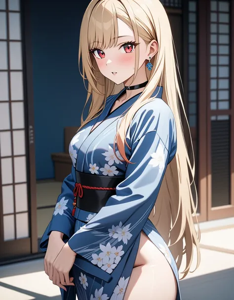 ( Japanese anime style ),  cute, Japanese Yukata, masterpiece:1.5, masterpiece, highest quality, Kitagawa Marin, 1girl,  Cowboy Shot , blonde hair, long hair, multicolored hair, red eyes, jewelry, earrings, piercing, black choker, UHD, retina, masterpiece,...