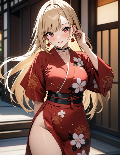 ( Japanese anime style ),  cute, Japanese Yukata, masterpiece:1.5, masterpiece, highest quality, Kitagawa Marin, 1girl,  Cowboy Shot , blonde hair, long hair, multicolored hair, red eyes, jewelry, earrings, piercing, black choker, UHD, retina, masterpiece,...