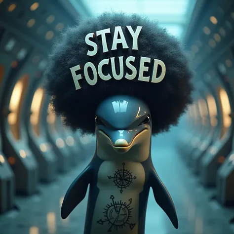  「Stay focused!」
Prompt: A stoic dolphin with an afro shaped like a magnifying glass, staring intently with a hilariously over-serious expression. Its tattoos depict compasses and directional arrows. The text "STAY FOCUSED!" is bold and metallic, appearing...