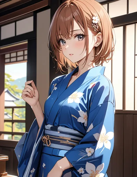 ( Japanese anime style ),  cute, Japanese Yukata, (Misaka Mikoto), Small breasts, masterpiece:1.5, masterpiece, highest quality, UHD, retina, masterpiece, accurate anatomy, super detailed, high quality, best quality, 8k