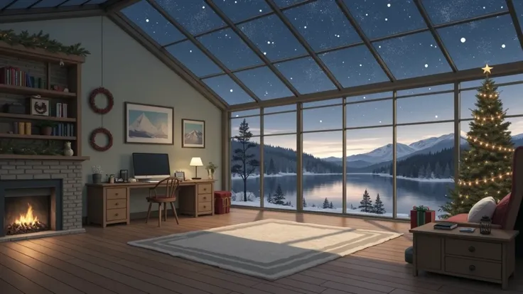 anime , クリスマスの雰囲気が漂うWide々The broadcast room 。 The entire room, including the ceiling, is made of glass、外には雪が降る夜空や美しい川や湖がWideがる幻想的な景色が見える。Inside the room、With a simple and sophisticated design、Wide々 features an open layout that makes use of the 。 wood-like ...