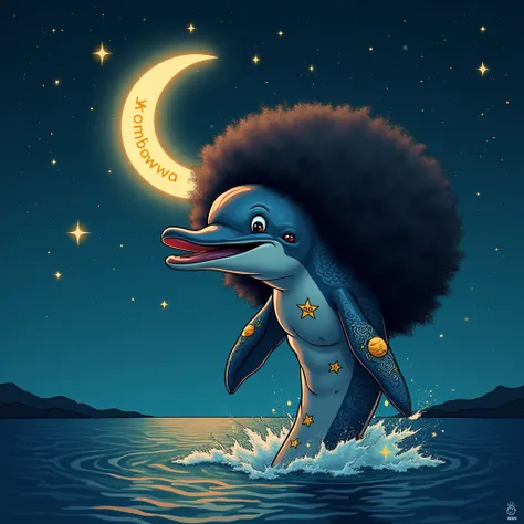 「Konbanwa」
Prompt: The dolphin, with its enormous afro styled into the shape of a crescent moon, flexes its powerful fins while floating above calm nighttime waters. Its face is stretched into a comical wide-eyed stare, tongue sticking out. Tattoos of star...