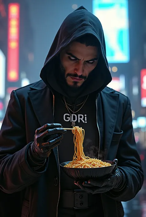 Make me a cyberpunk prince of darkness with the GDRI logo eating noodles